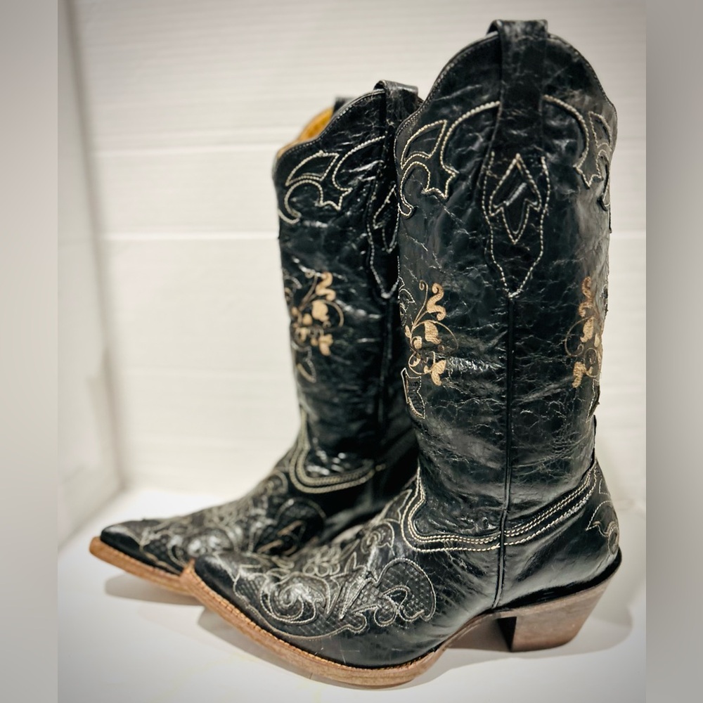 Corral vintage black distressed leather lizard inlay western cowboy boots rodeo